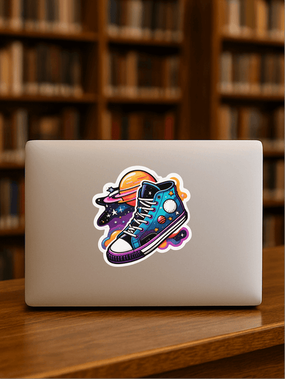 Cosmic Kicks: Retro Sneakers in Space Vinyl Sticker on a laptop in a library.