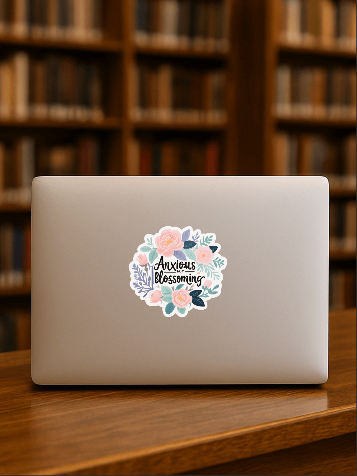 Anxious But Blossoming vinyl sticker on a laptop in a library setting with colorful floral design.