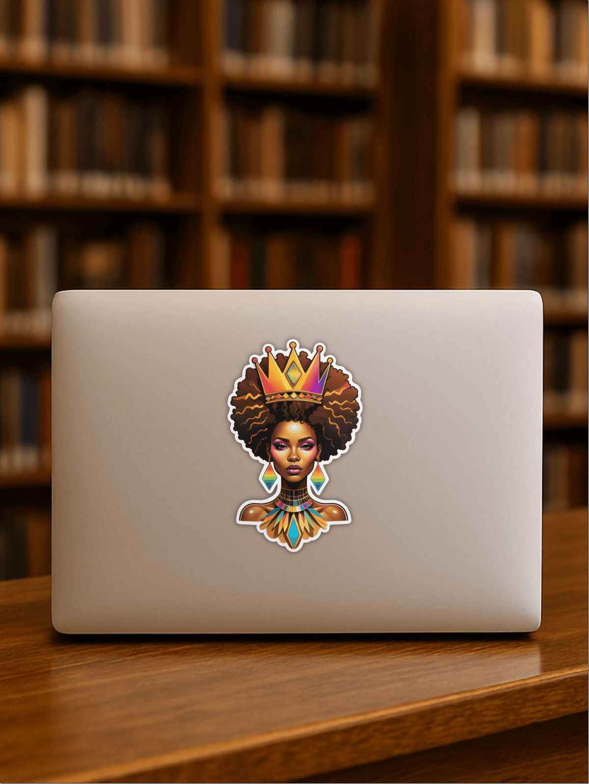 Rainbow Afrofuturist Queen Sticker on a laptop, showcasing vibrant design and artistry in a study setting.