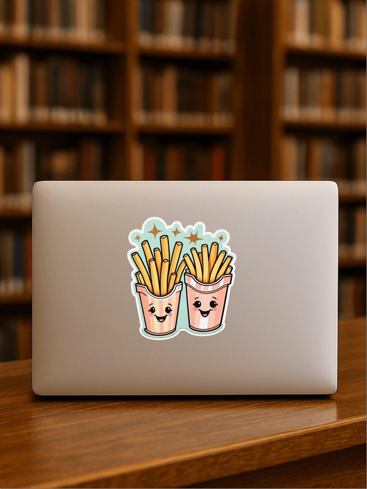 Good Vibes, Good Fries vinyl sticker on a laptop, showcasing cute fries design in a colorful, trendy style.