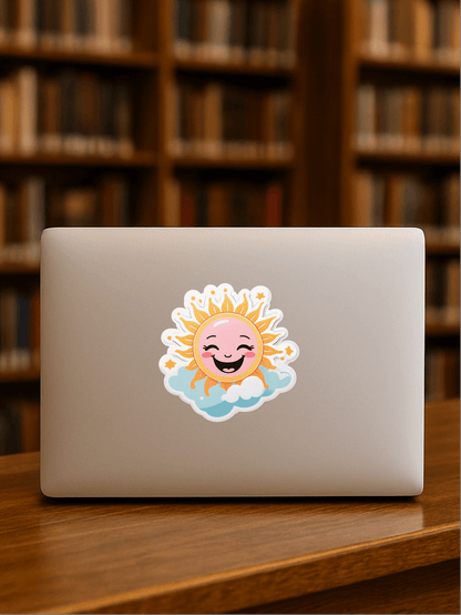 Laptop decorated with a cheerful Serotonin Sunbeam – Positive Mood Aid Sticker amidst books in the background.