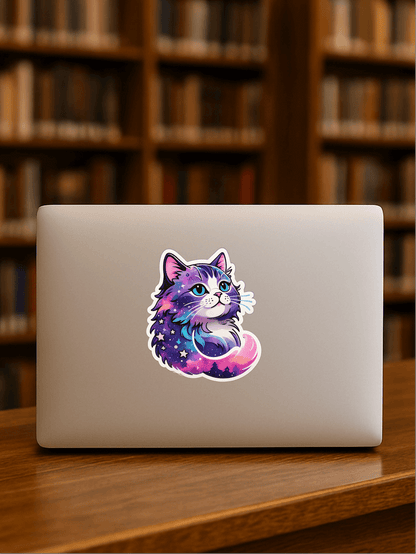 Celestial Dreams Galaxy Cat Vinyl Sticker on a laptop in a library setting.