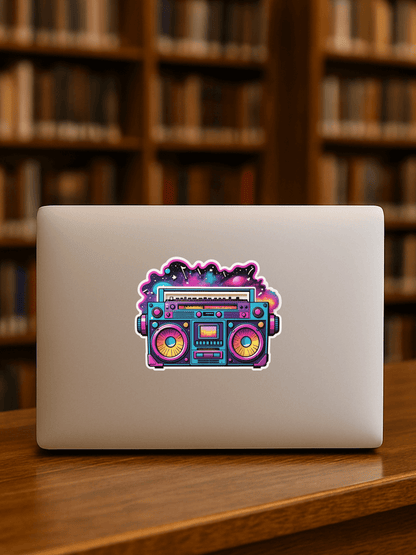 Galaxy Groove Boombox Sticker on a laptop, showcasing vibrant colors and unique design in a library setting.