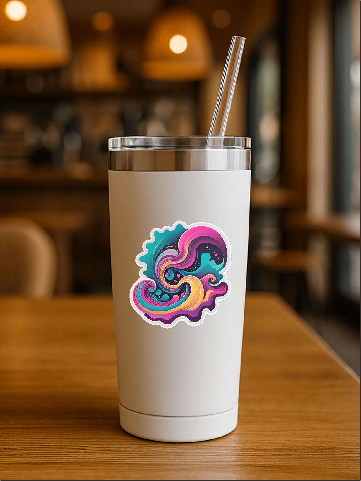 Psychedelic Muse vinyl sticker on a stylish tumbler in a cozy cafe setting.