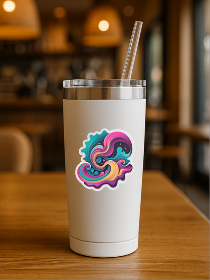 Psychedelic Muse vinyl sticker on a stylish tumbler in a cozy cafe setting.