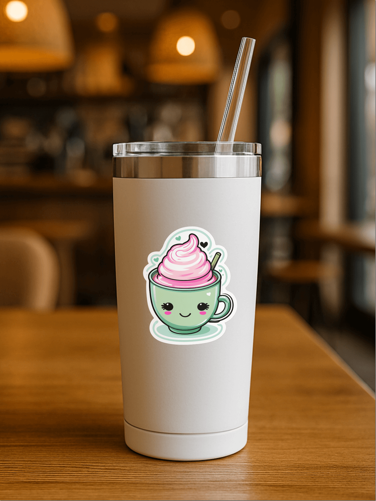 Sassy Matcha Therapy Sticker on a cute green tea cup tumbler in a cozy cafe setting.