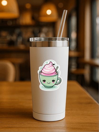 Sassy Matcha Therapy Sticker on a cute green tea cup tumbler in a cozy cafe setting.