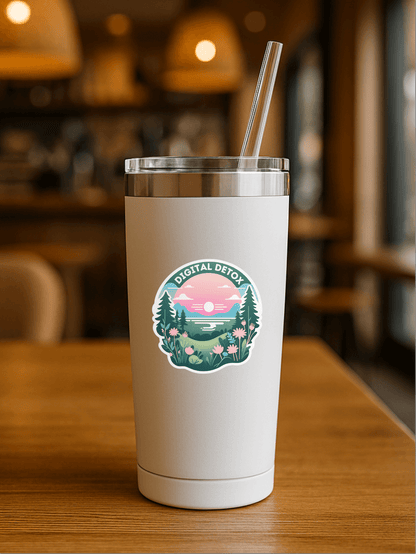 Digital Detox Mode: Minimalist Tech Break Vinyl Sticker on a white tumbler in a cozy cafe setting.