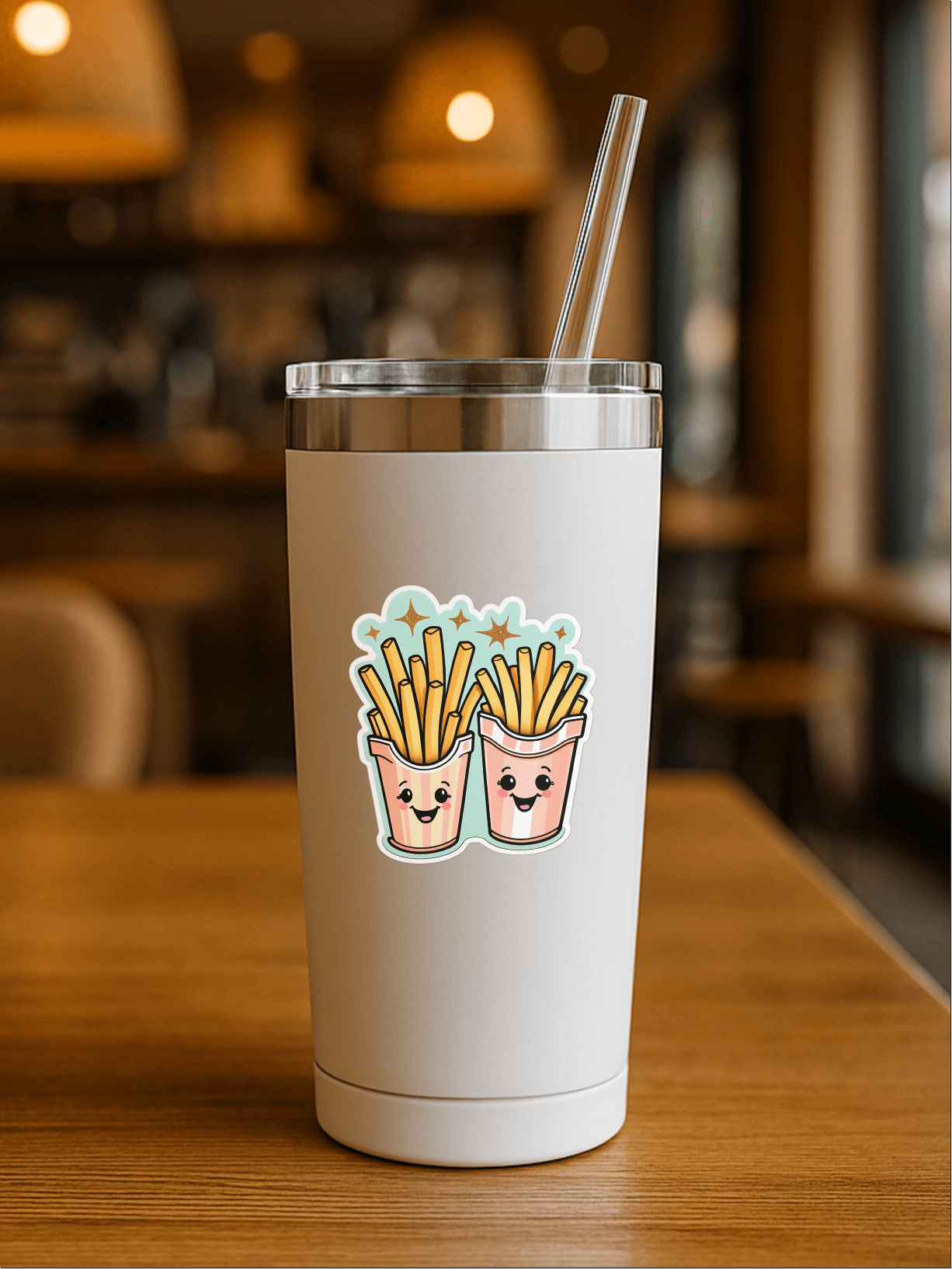 Good Vibes, Good Fries vinyl sticker on a stylish tumbler with cute cartoon fries design.