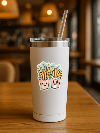 Good Vibes, Good Fries vinyl sticker on a stylish tumbler with cute cartoon fries design.