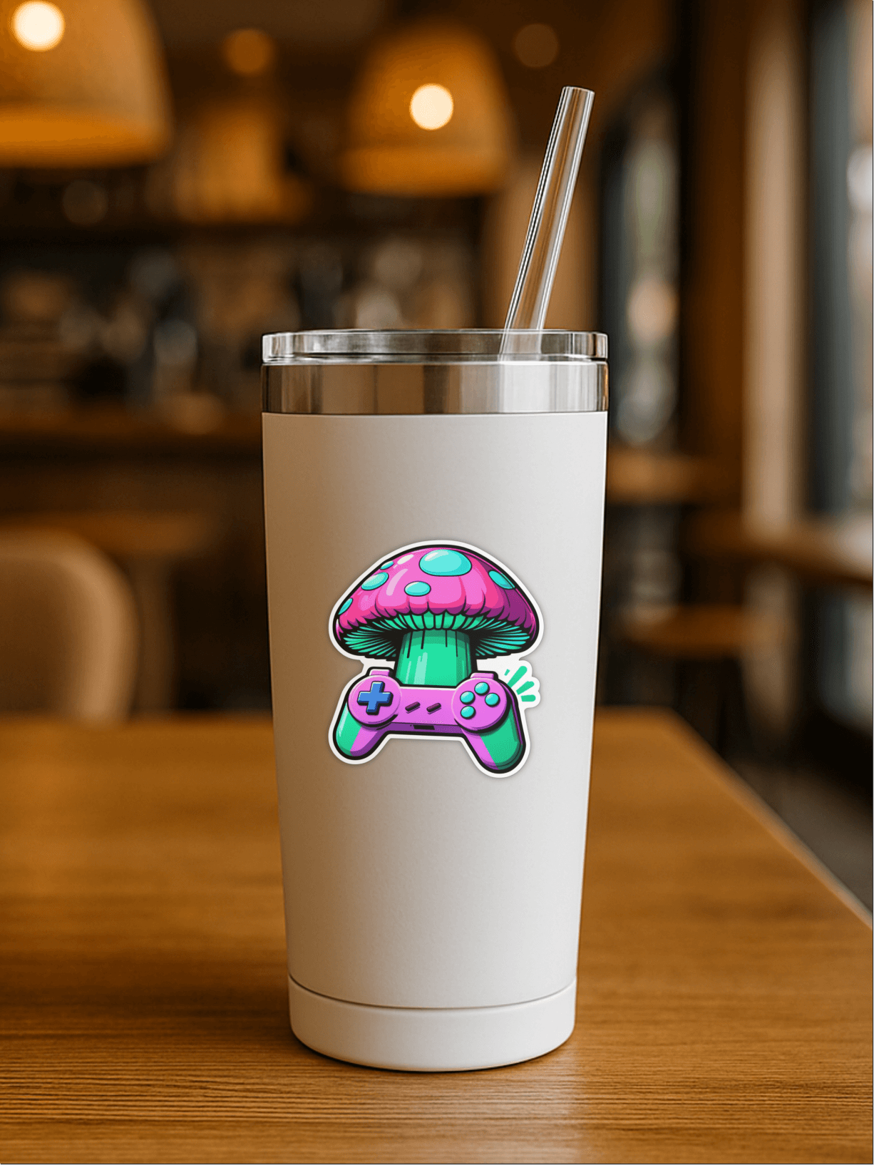 Pixel Power-Up: Retro Gaming Nostalgia Sticker on a white tumbler with a playful mushroom and game controller design.