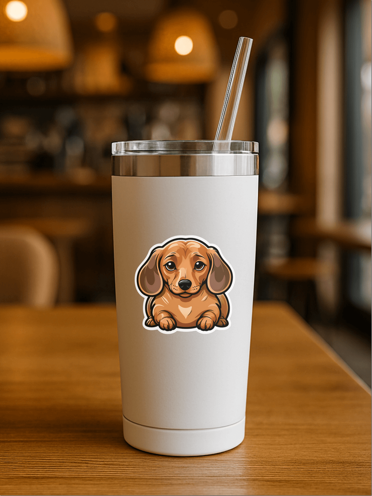 Happy Loaf Dog Vinyl Sticker on a reusable tumbler in a cozy cafe setting.