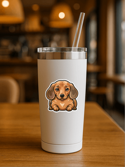 Happy Loaf Dog Vinyl Sticker on a reusable tumbler in a cozy cafe setting.