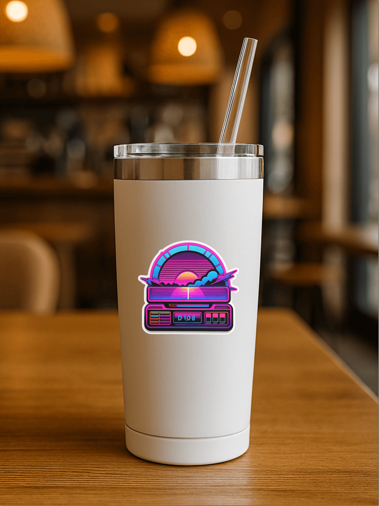 Retrowave Productivity Dashboard Sticker on a stylish white tumbler in a cafe setting.