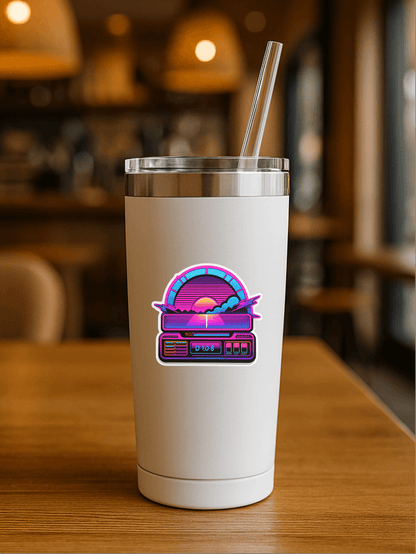 Retrowave Productivity Dashboard Sticker on a stylish white tumbler in a cafe setting.