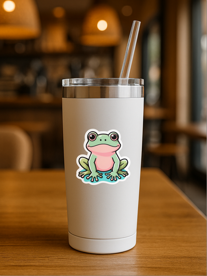Doodle Espressive Frog Vinyl Sticker on a white tumbler, showcasing a colorful frog design for mood mapping.