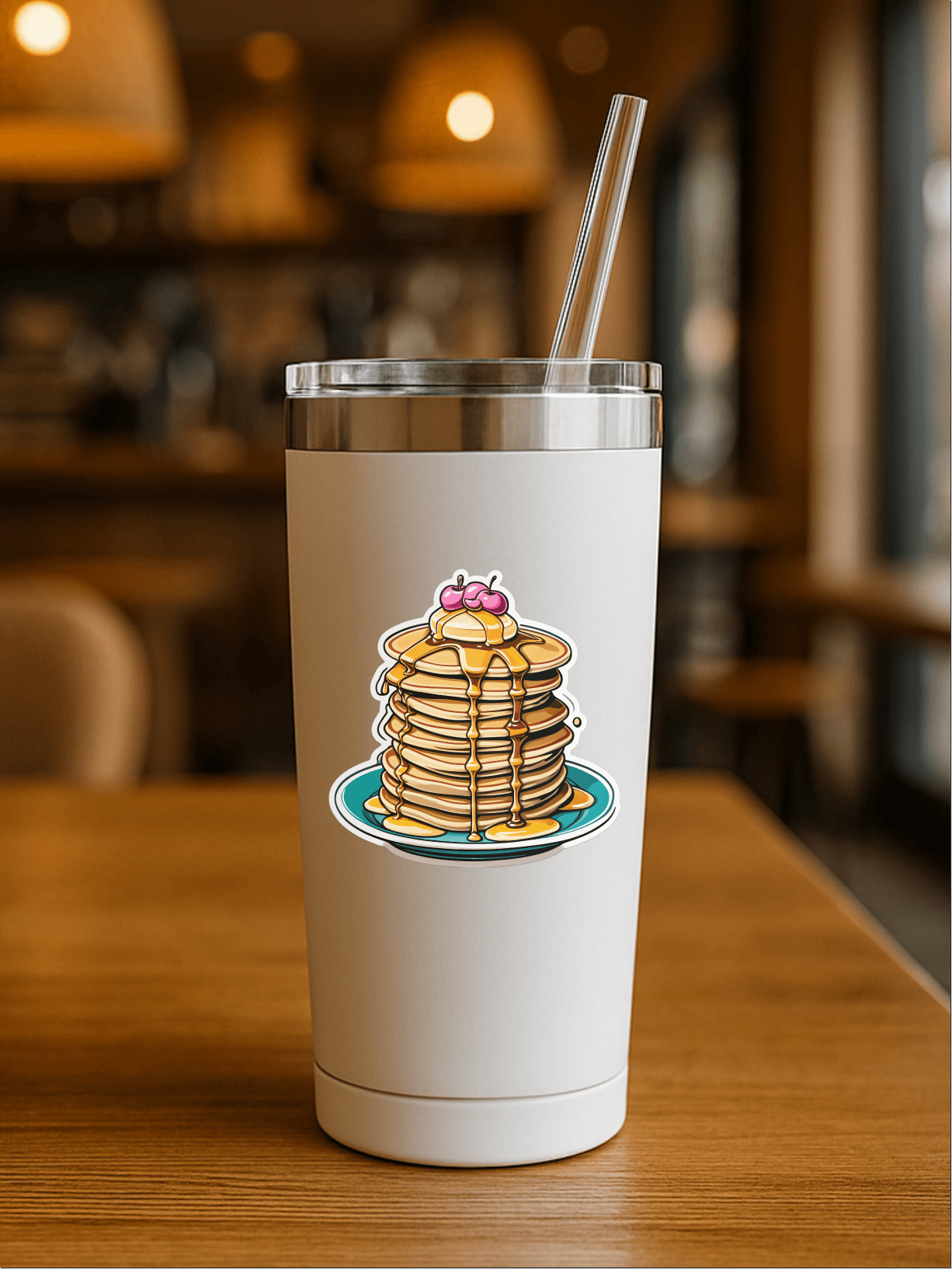 Cherry on the top Pancake Stack Vinyl Sticker on a sleek tumbler in a cozy cafe setting
