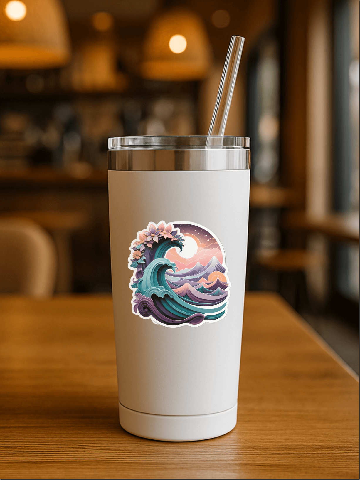 Cosmic Dreamwave Abstract Sticker on a white travel tumbler in a coffee shop setting.