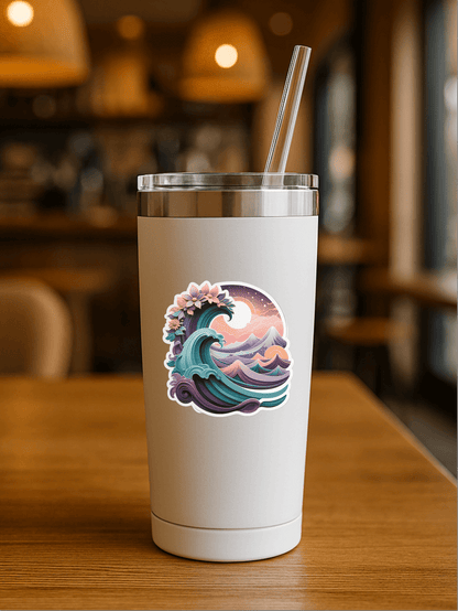 Cosmic Dreamwave Abstract Sticker on a white travel tumbler in a coffee shop setting.