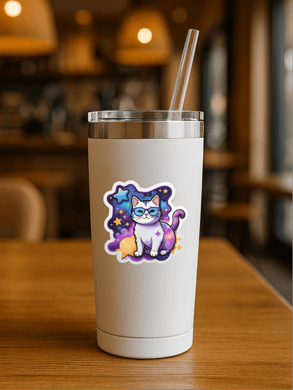 Dream Big Galaxy Cat Vinyl Sticker on a stylish tumbler in a cozy cafe setting.