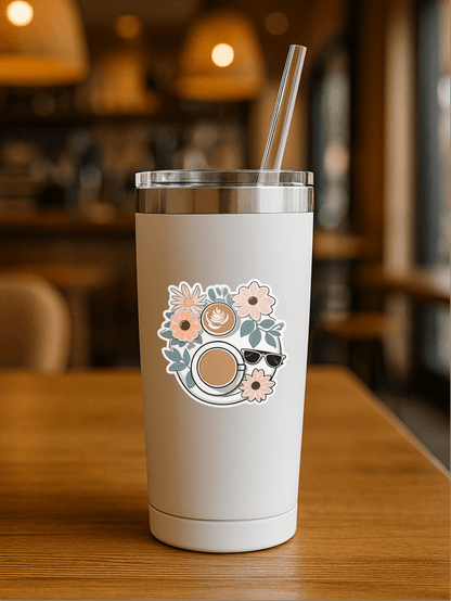 Aesthetic Brunch Babe Sticker on a white tumbler with flowers and sunglasses in a cozy cafe setting.