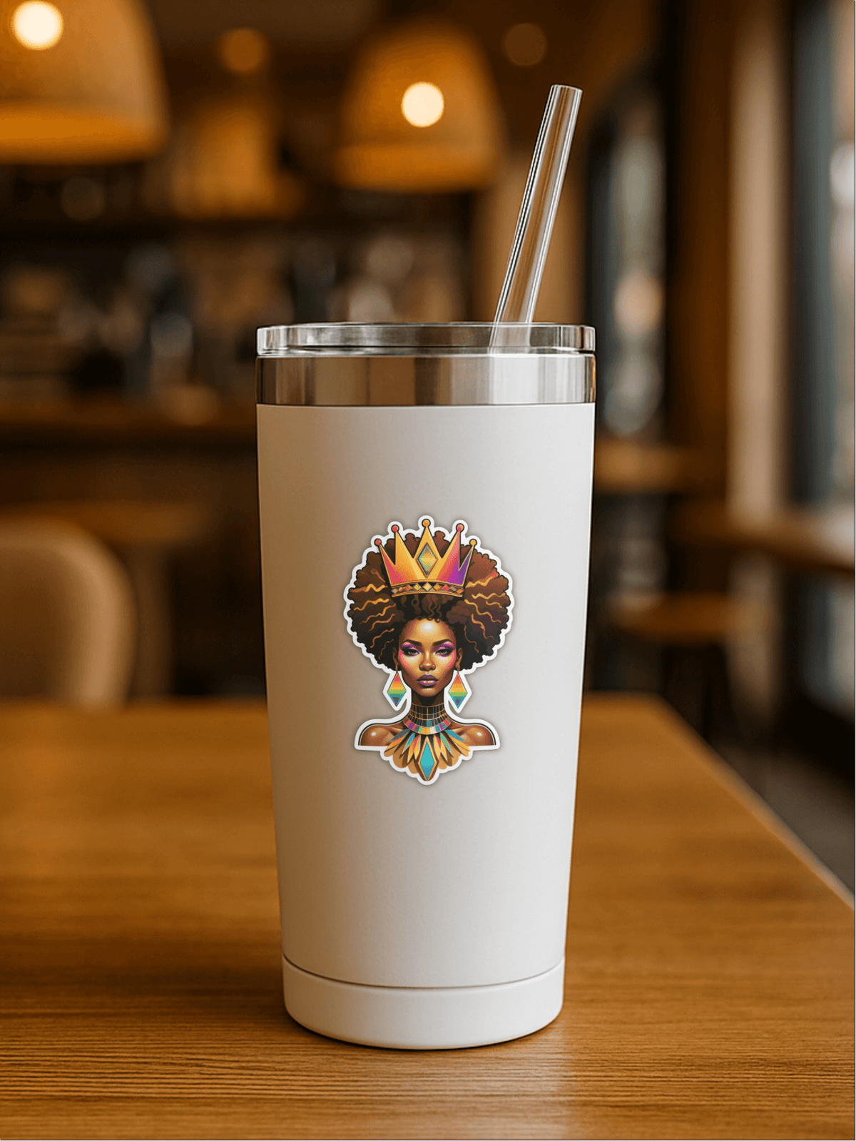 Rainbow Afrofuturist Queen Sticker on a white tumbler in a cozy café setting.