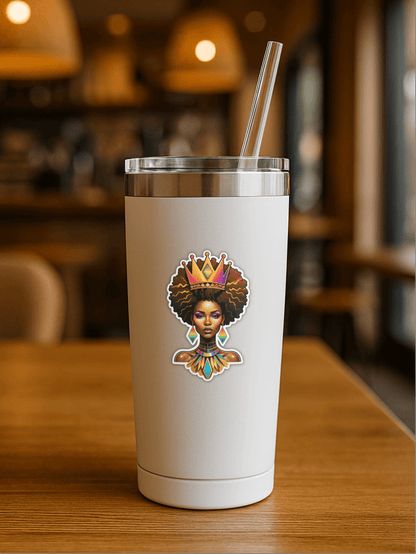 Rainbow Afrofuturist Queen Sticker on a white tumbler in a cozy café setting.