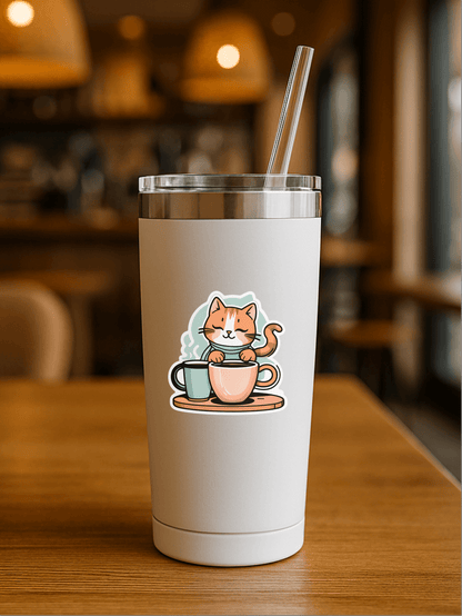 Café Cat Spill sticker on a tumbler featuring a cat with coffee cups in a cozy café setting.
