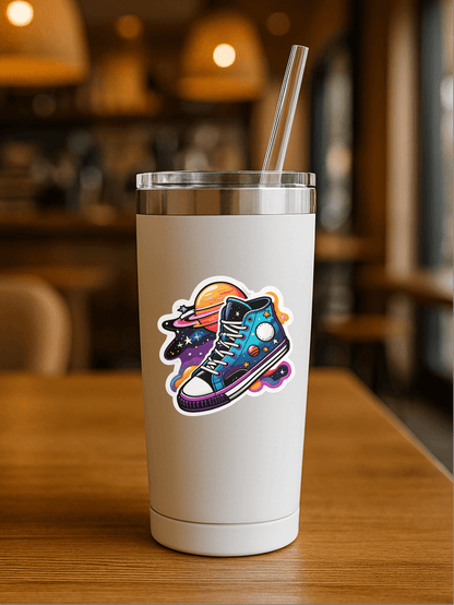 Cosmic Kicks vinyl sticker on a white tumbler, showcasing colorful retro sneakers in space design.