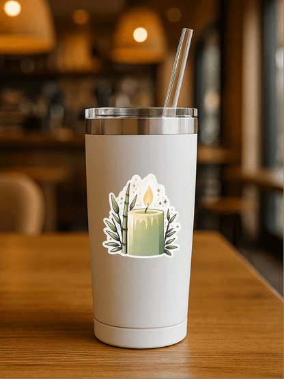 Calming Bamboo Candle Vinyl Sticker on a white tumbler with straw in a cozy cafe setting.