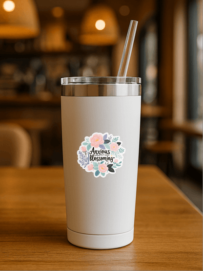 Anxious But Blossoming vinyl sticker on a stylish tumbler, perfect for adding inspiration to your drinkware.