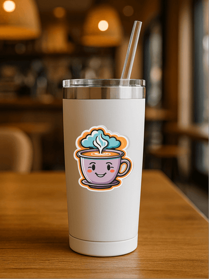 Coffee Vibes Only sticker on a stylish coffee tumbler in a cozy café setting.