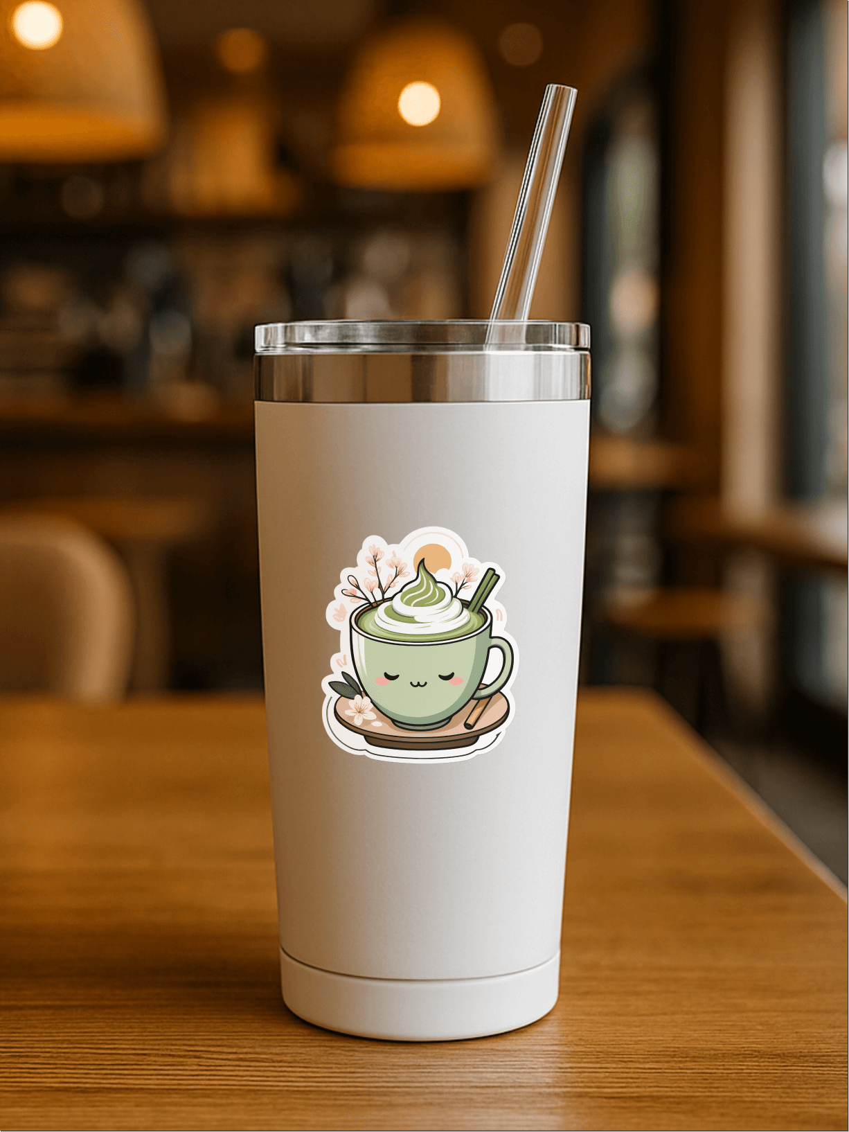 Matcha Morning Aesthetic Vinyl Sticker on a white tumbler with a green matcha cup design