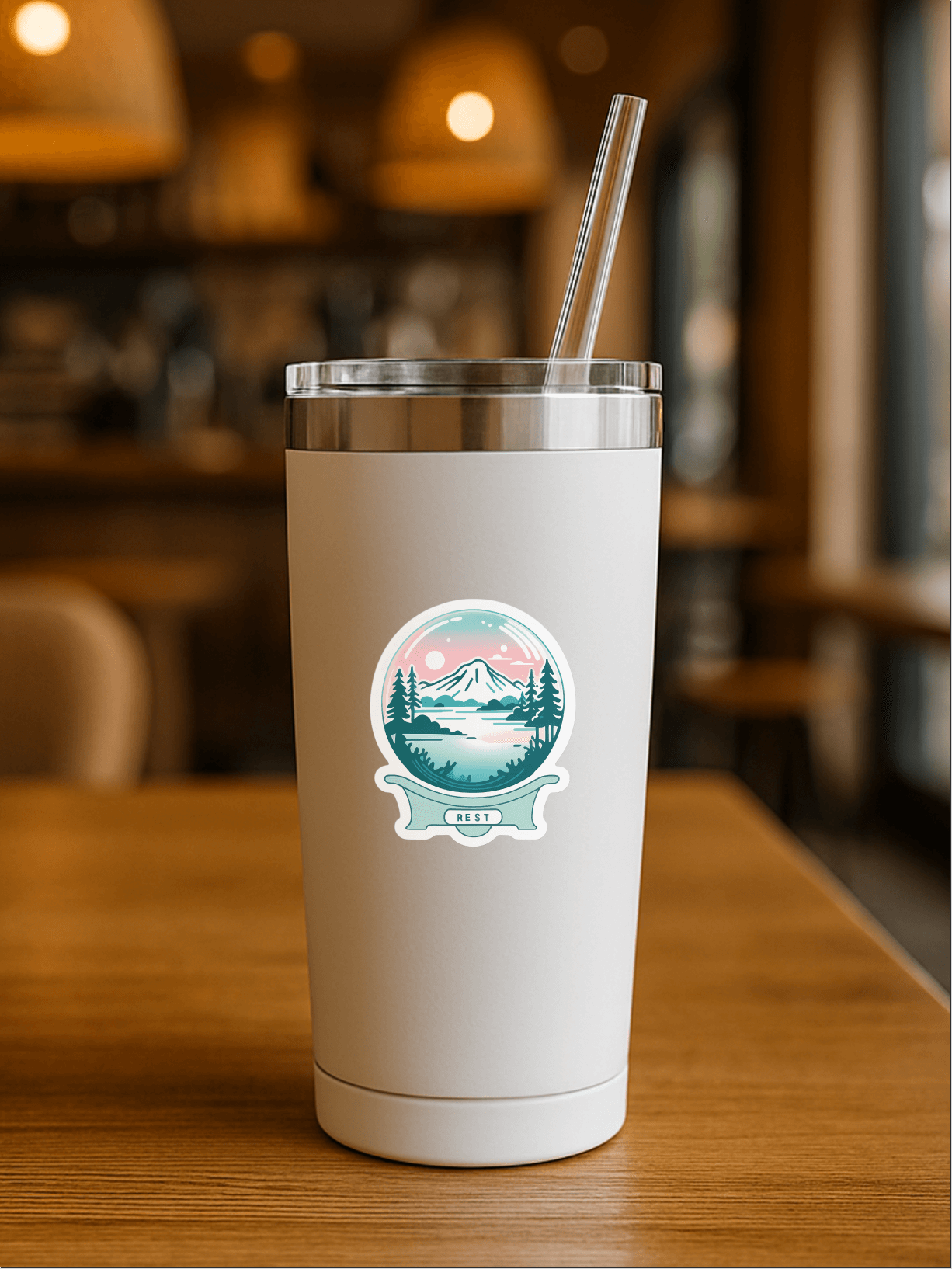 Calm Mind Club - Certified Rest Sticker on a stylish tumbler with a mountain scenery design.