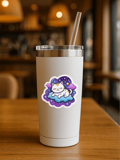 Cosmic Catnap – Galaxy Space Cat Vinyl Sticker on a stylish tumbler in a cozy café setting.