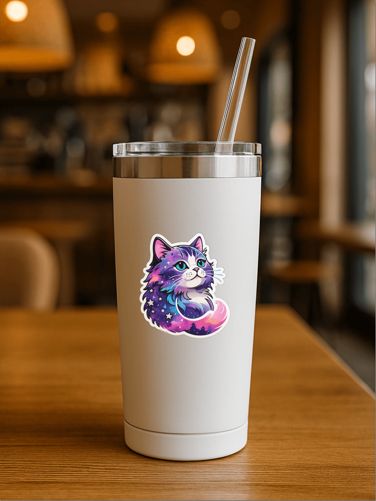 Celestial Dreams Galaxy Cat Vinyl Sticker on a stylish tumbler in a cozy cafe setting.