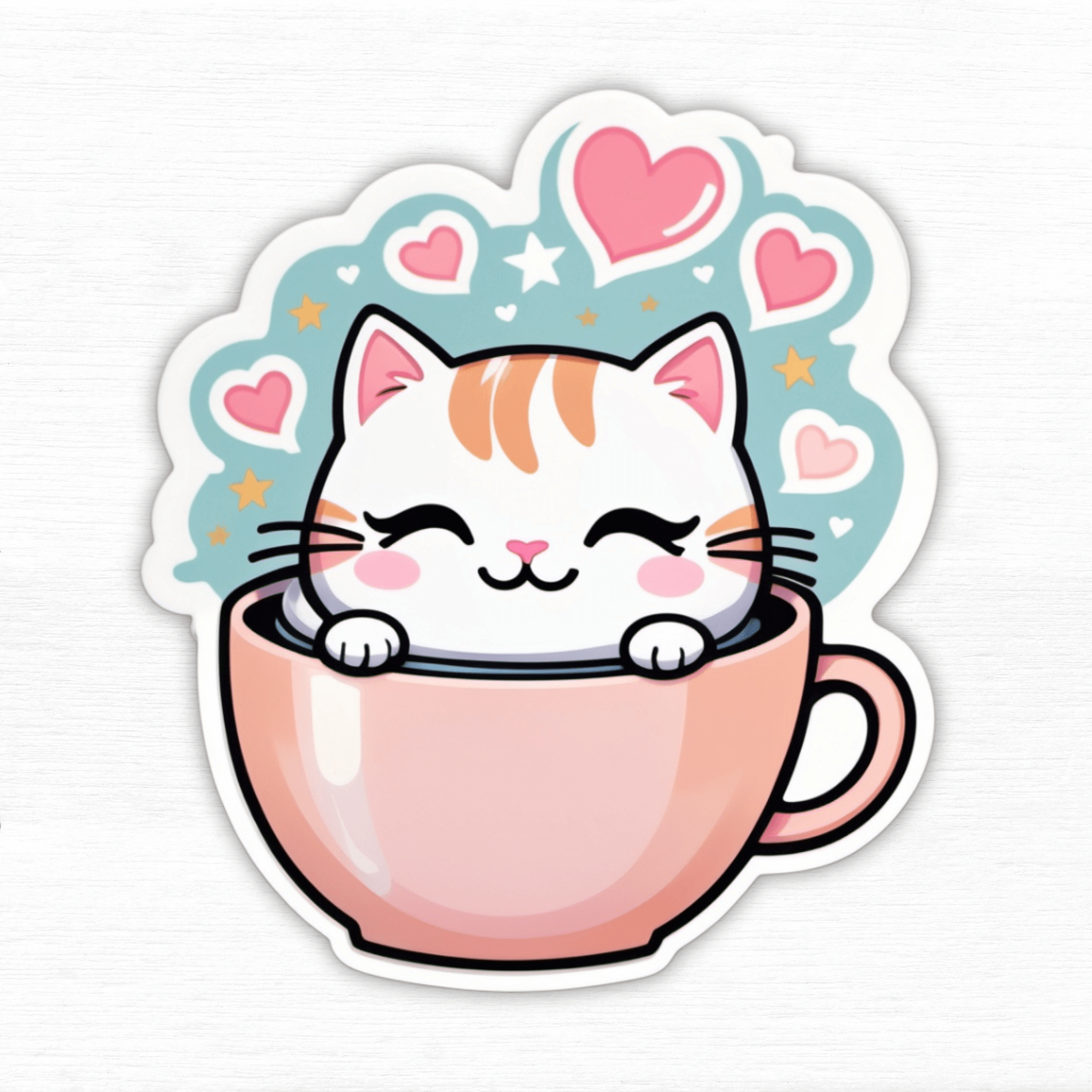 Kawaii Coffee Cat Vinyl Sticker featuring a cute cat in a cup surrounded by hearts and stars.