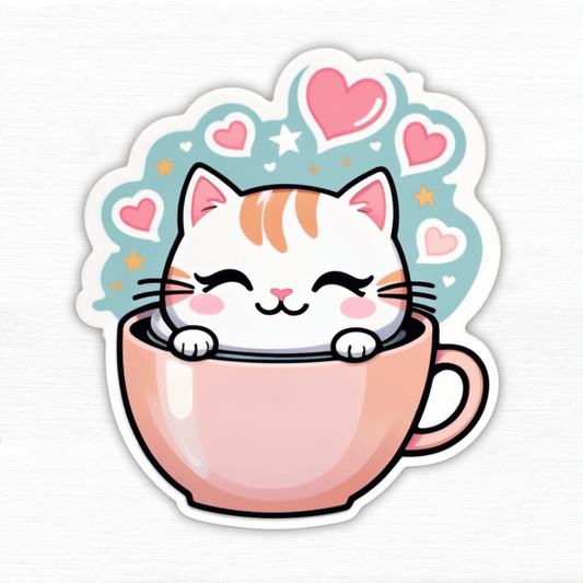Kawaii Coffee Cat Vinyl Sticker featuring a cute cat in a cup surrounded by hearts and stars.