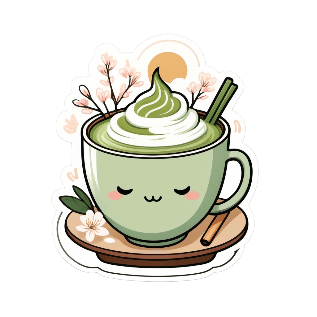 Matcha Morning Aesthetic Vinyl Sticker featuring a cute green tea cup with cream and pink flowers.