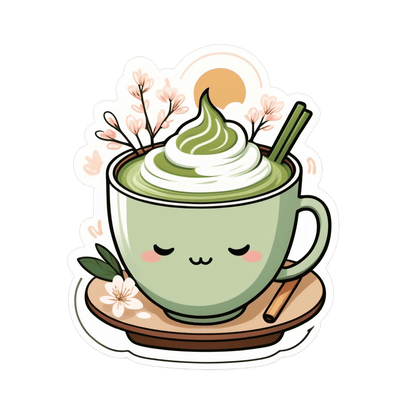 Matcha Morning Aesthetic Vinyl Sticker featuring a cute green tea cup with cream and pink flowers.