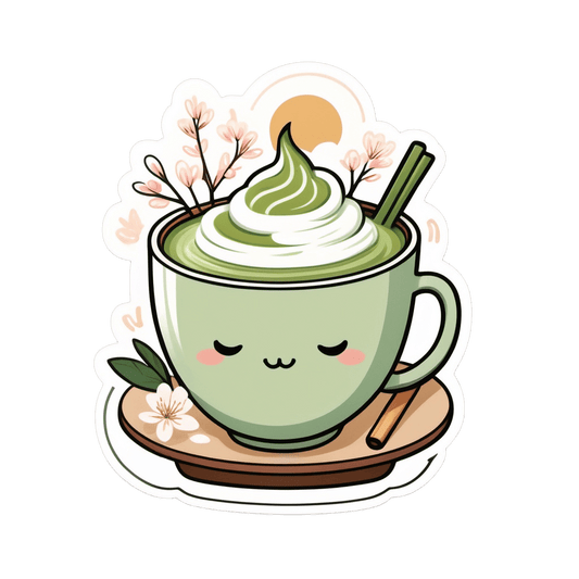 Matcha Morning Aesthetic Vinyl Sticker featuring a cute green tea cup with cream and pink flowers.