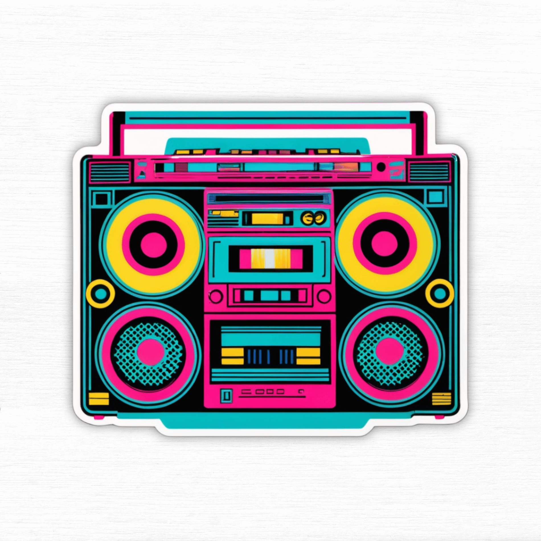 Colorful retro boombox vinyl sticker with vibrant pink, blue, and yellow design, perfect for decorating laptops or water bottles.