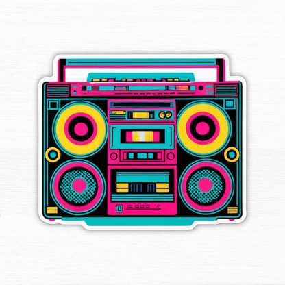 Colorful retro boombox vinyl sticker with vibrant pink, blue, and yellow design, perfect for decorating laptops or water bottles.