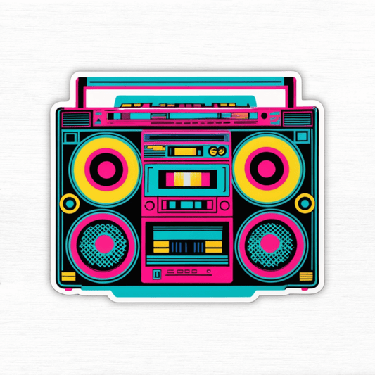 Colorful retro boombox vinyl sticker with vibrant pink, blue, and yellow design, perfect for decorating laptops or water bottles.