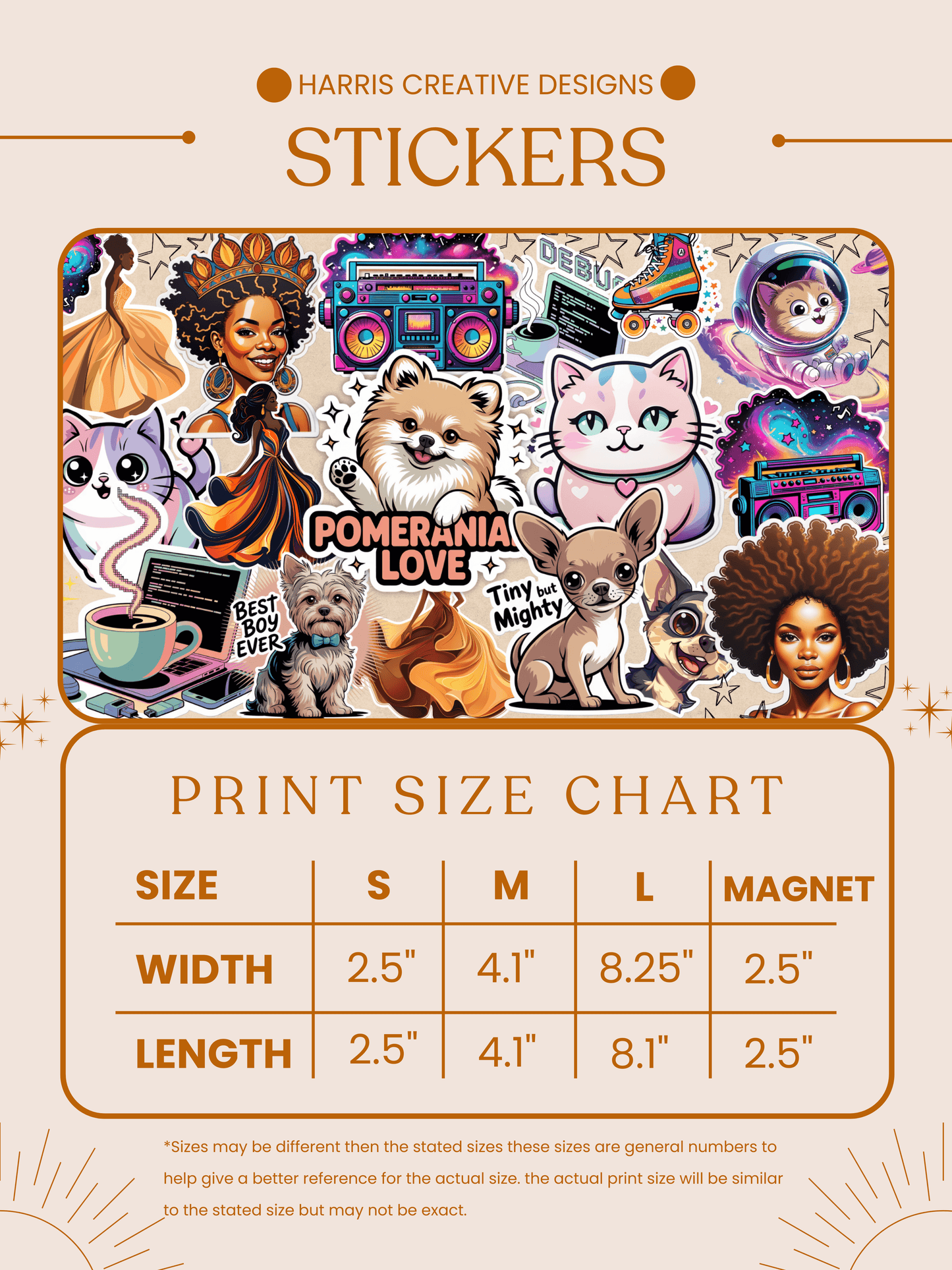 Pixel Power-Up: Retro Gaming Nostalgia Sticker print size chart with fun and colorful designs.