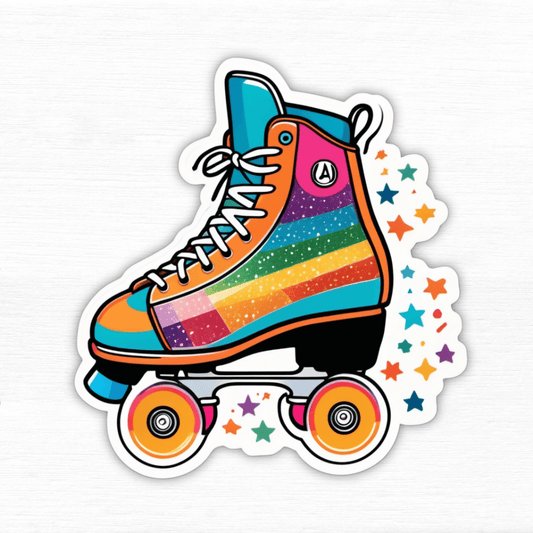 Colorful groovy retro roller skate sticker featuring rainbow stripes and stars on a white background.