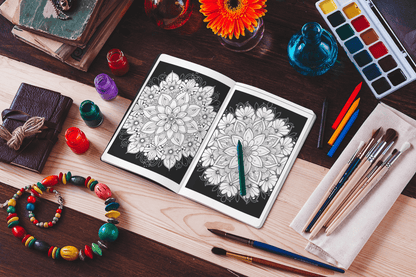 Open mandala coloring book on a wooden table surrounded by art supplies and colorful beads.