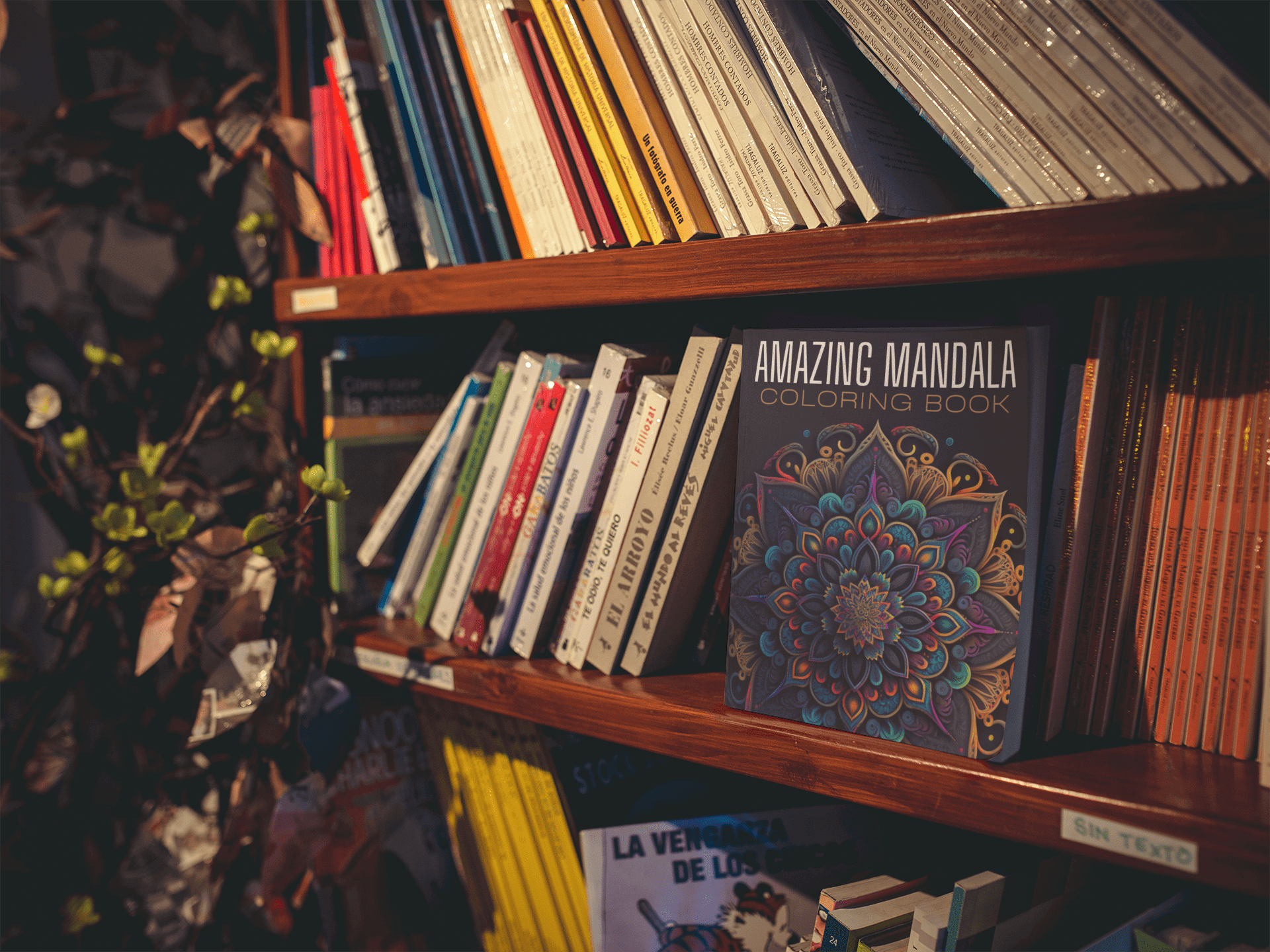 Amazing Mandala Coloring Book displayed on a wooden bookshelf among various other books.