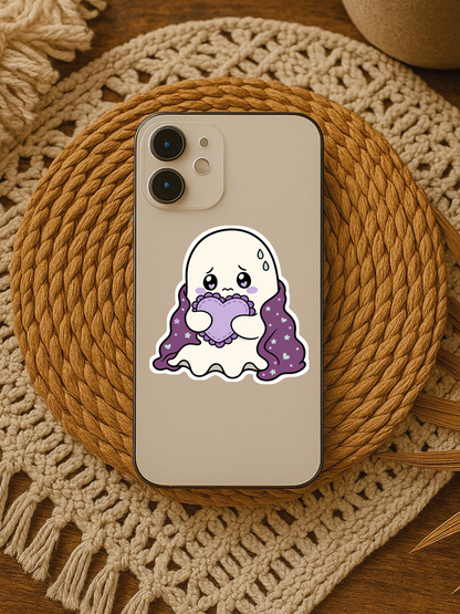 Anxiety Ghost Pack vinyl sticker on a phone — ruffle-wrap revision