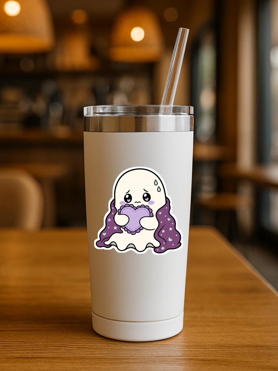 Anxiety Ghost Pack vinyl sticker on a tumbler — ruffle-wrap revision